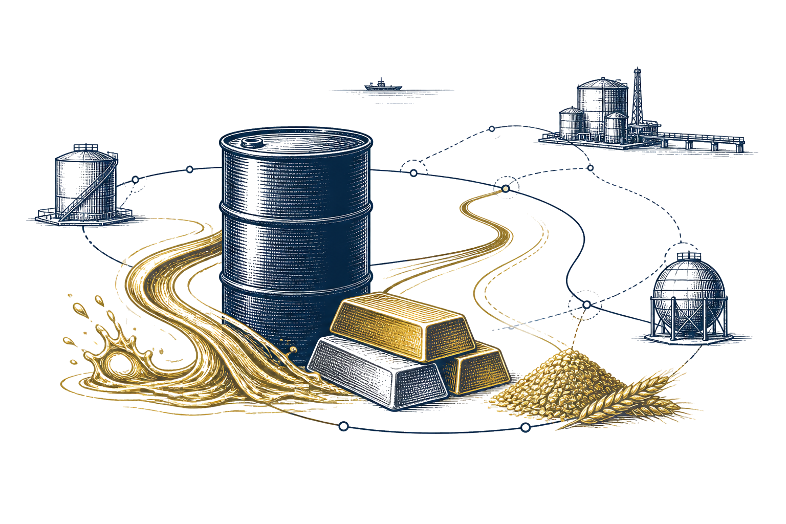 An editorial illustration of oil, metals, grain and storage connected through commodity flows.