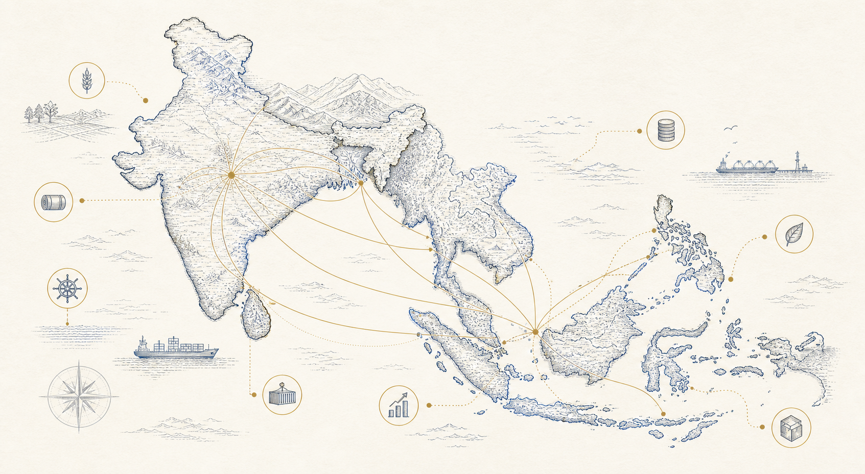 An editorial map illustration connecting India, South Asia and Southeast Asia through selected commercial trade corridors.